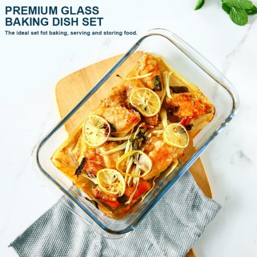 Elegant glass baking dish in use with delicious food.