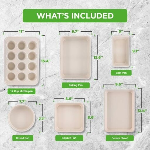Non-stick 6-piece bakeware set with baking pan, cookie sheet, muffin pan, loaf pan, round pan, and square pan.