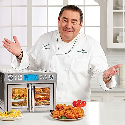Chef with air fryer oven and dishes
