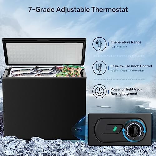 Chest freezer with 7-grade adjustable thermostat, showing temperature range, knob control, and indicator lights.
