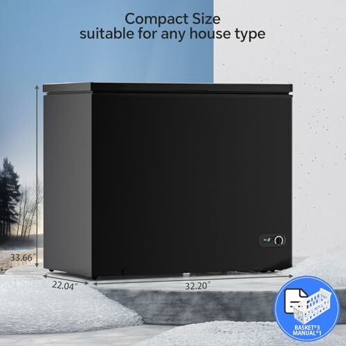 Compact black chest freezer with size dimensions and features highlighted.