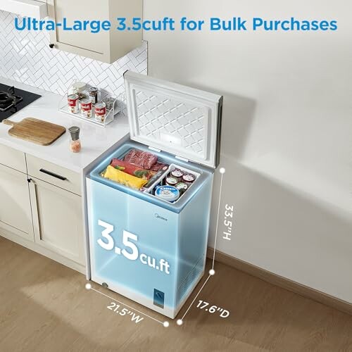 Compact chest freezer, 3.5 cubic feet, open with groceries inside.