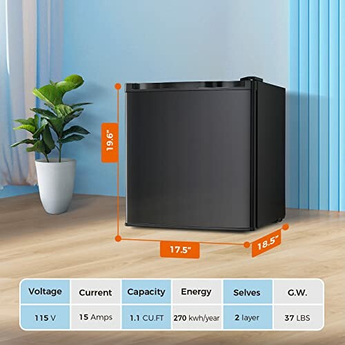 Black compact mini fridge with dimensions and specifications.