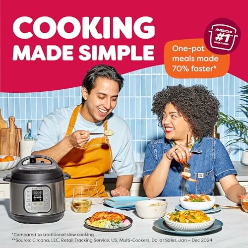 Man and woman enjoying a meal with a multi-cooker on the table.
