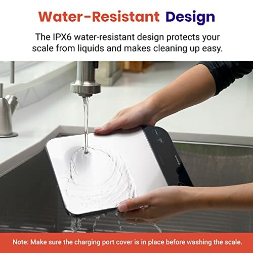 Person washing a water-resistant digital kitchen scale under a faucet.