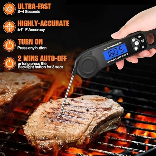 Digital meat thermometer inserted in grilled steak with temperature display.