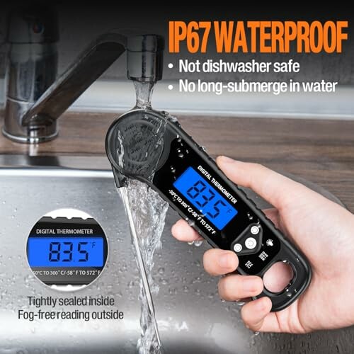 Digital thermometer with IP67 waterproof rating under running water.
