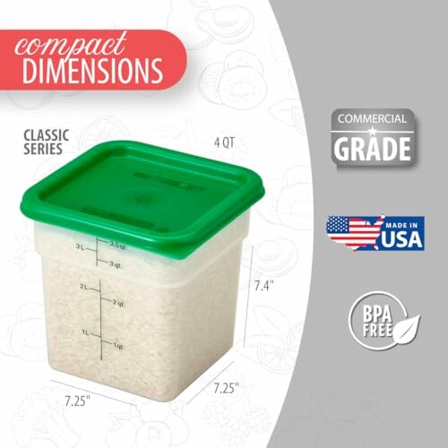 Commercial grade food storage container with green lid, BPA free, made in USA, 4-quart capacity.