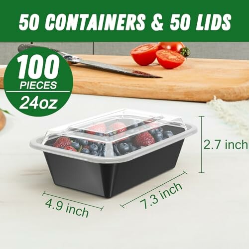 Food storage container with lid, holding berries, 50 containers and lids set.