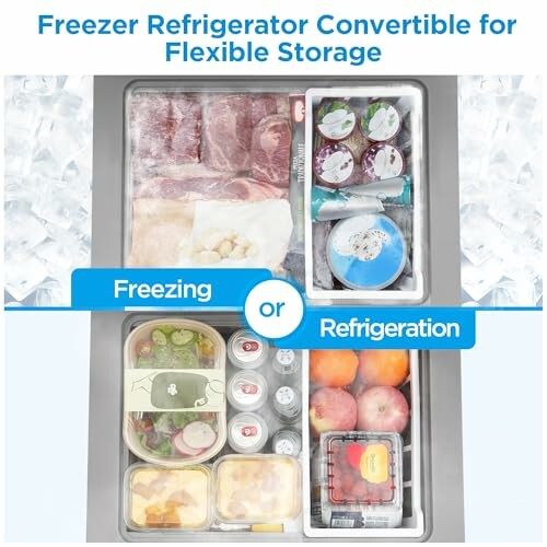 Convertible freezer refrigerator with flexible storage options.