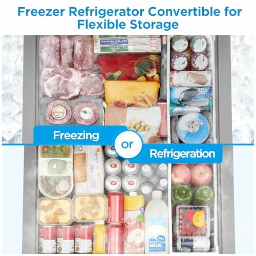 Convertible freezer refrigerator with various food items.