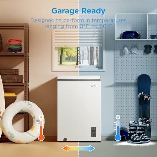 Freezer designed for garage with varying temperatures and sports equipment.