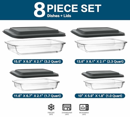 Glass bakeware set with lids, including four rectangular dishes of various sizes.
