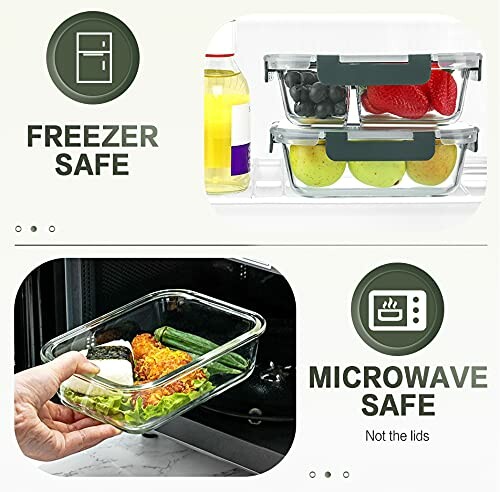 Glass food storage containers, freezer and microwave safe.