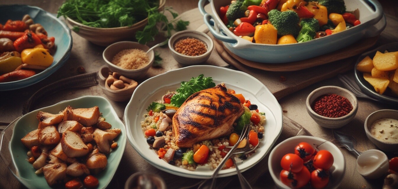 A healthy meal featuring roasted vegetables and grilled chicken