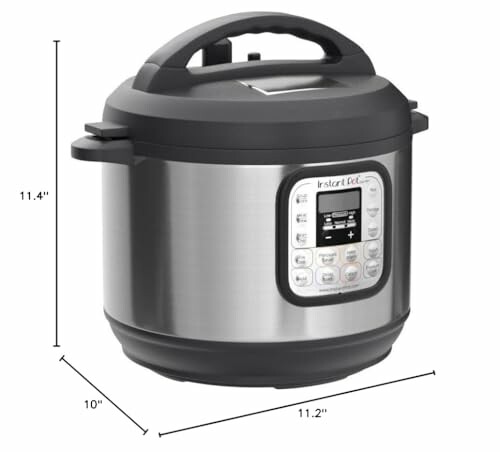 Stainless steel Instant Pot pressure cooker with dimensions.