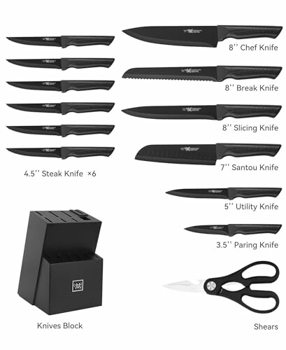 Complete kitchen knife set including chef, break, slicing, santou, utility, paring knives, steak knives, block, and shears.