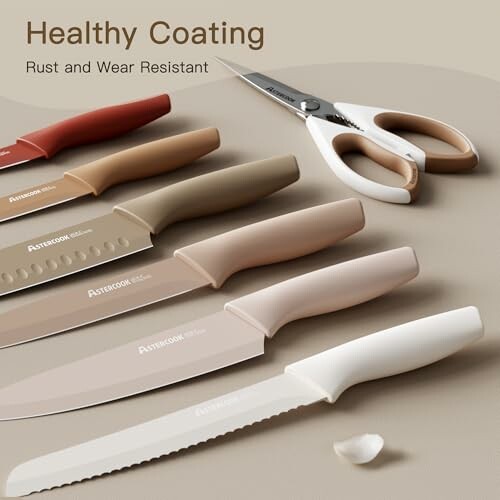 Set of kitchen knives and scissors with a healthy coating, rust and wear resistant.