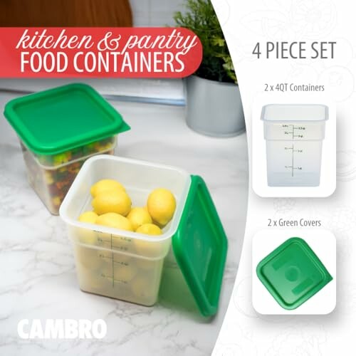 Set of kitchen food containers with green lids, holding lemons.