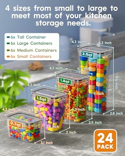 Four sizes of clear kitchen storage containers with colorful items inside, labeled by volume.