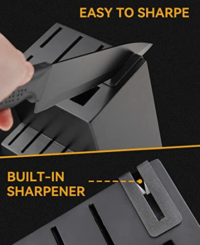 Knife block with built-in sharpener, easy to sharpen feature.