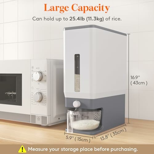 Large capacity rice dispenser next to microwave, holds 25.4lb