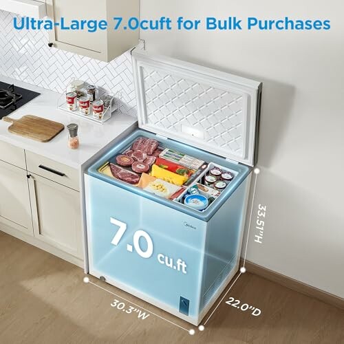 Ultra-large 7.0 cuft chest freezer open with groceries inside.