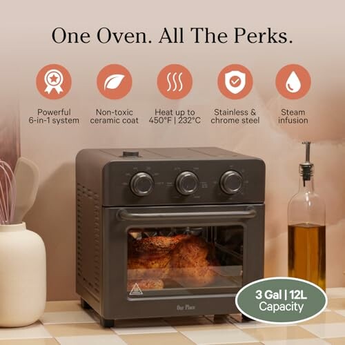 Multi-function oven with features like 6-in-1 system, ceramic coating, 450°F heat, stainless steel, steam infusion.