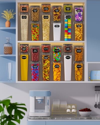 Organized pantry with labeled containers filled with various food items.