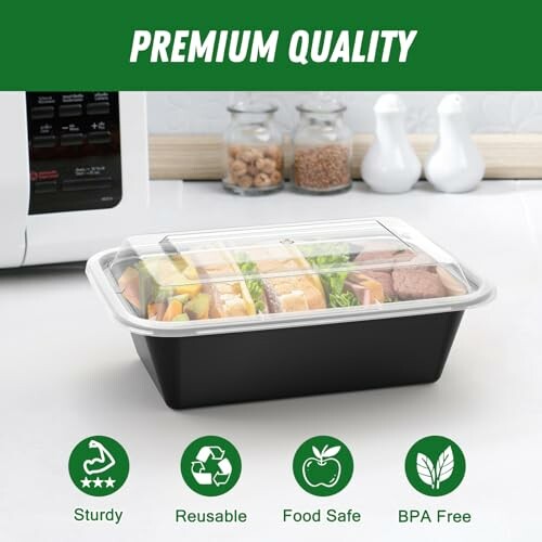 Black food container with clear lid, labeled premium quality.