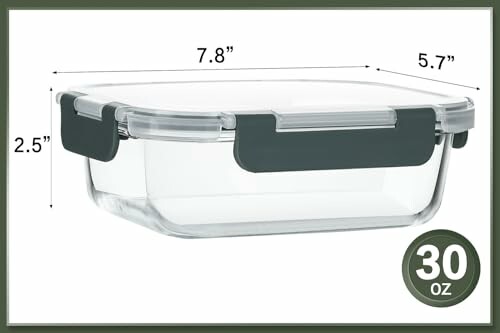 Rectangular glass storage container with dimensions and capacity labeled.