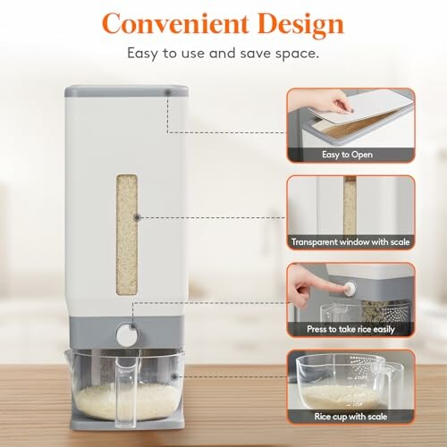White rice dispenser with transparent window and scale, showing easy-open feature and rice cup with scale.