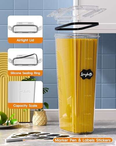 Tall spaghetti container with airtight lid, silicone sealing ring, and capacity scale.