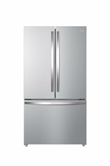 Stainless steel French door refrigerator.