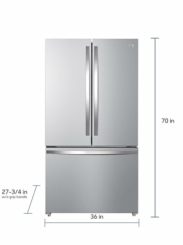 Stainless steel French door refrigerator with dimensions.