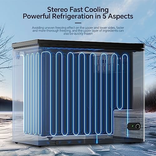 Transparent freezer showing cooling coils with text highlighting powerful refrigeration features.